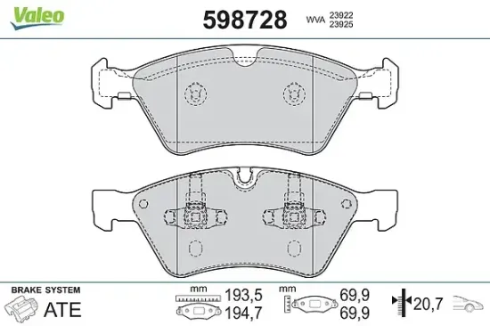 Bremsbelagsatz, Scheibenbremse Vorderachse VALEO 598728 Bild Bremsbelagsatz, Scheibenbremse Vorderachse VALEO 598728