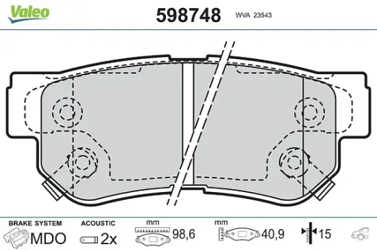 Bremsbelagsatz, Scheibenbremse Hinterachse VALEO 598748 Bild Bremsbelagsatz, Scheibenbremse Hinterachse VALEO 598748