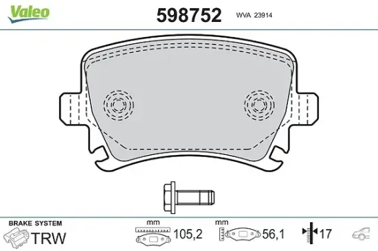 Bremsbelagsatz, Scheibenbremse Hinterachse VALEO 598752 Bild Bremsbelagsatz, Scheibenbremse Hinterachse VALEO 598752
