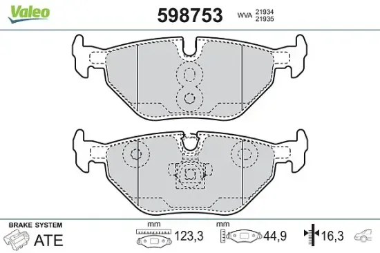 Bremsbelagsatz, Scheibenbremse Hinterachse VALEO 598753 Bild Bremsbelagsatz, Scheibenbremse Hinterachse VALEO 598753