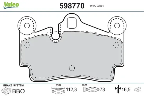 Bremsbelagsatz, Scheibenbremse Hinterachse VALEO 598770 Bild Bremsbelagsatz, Scheibenbremse Hinterachse VALEO 598770