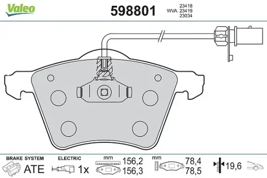 Bremsbelagsatz, Scheibenbremse Vorderachse VALEO 598801 Bild Bremsbelagsatz, Scheibenbremse Vorderachse VALEO 598801
