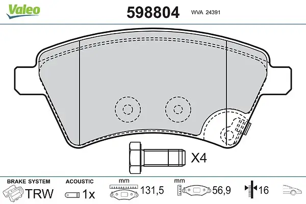 Bremsbelagsatz, Scheibenbremse Vorderachse VALEO 598804