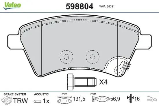 Bremsbelagsatz, Scheibenbremse Vorderachse VALEO 598804 Bild Bremsbelagsatz, Scheibenbremse Vorderachse VALEO 598804