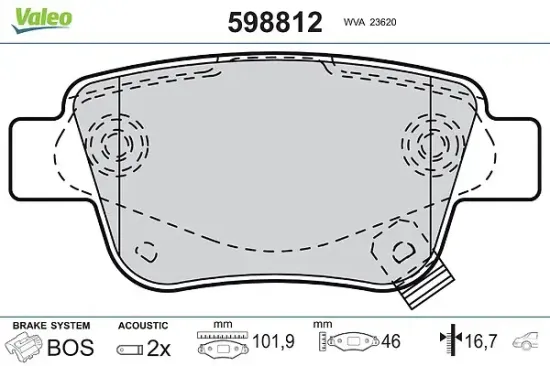 Bremsbelagsatz, Scheibenbremse Hinterachse VALEO 598812 Bild Bremsbelagsatz, Scheibenbremse Hinterachse VALEO 598812