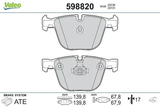 Bremsbelagsatz, Scheibenbremse Hinterachse VALEO 598820 Bild Bremsbelagsatz, Scheibenbremse Hinterachse VALEO 598820
