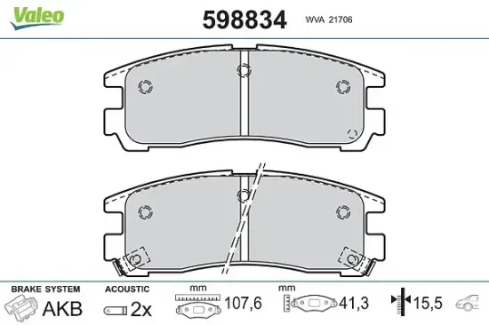 Bremsbelagsatz, Scheibenbremse Hinterachse VALEO 598834 Bild Bremsbelagsatz, Scheibenbremse Hinterachse VALEO 598834