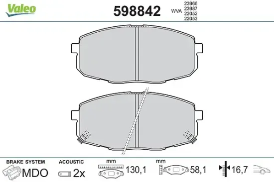 Bremsbelagsatz, Scheibenbremse Vorderachse VALEO 598842 Bild Bremsbelagsatz, Scheibenbremse Vorderachse VALEO 598842