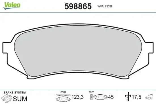 Bremsbelagsatz, Scheibenbremse Hinterachse VALEO 598865 Bild Bremsbelagsatz, Scheibenbremse Hinterachse VALEO 598865