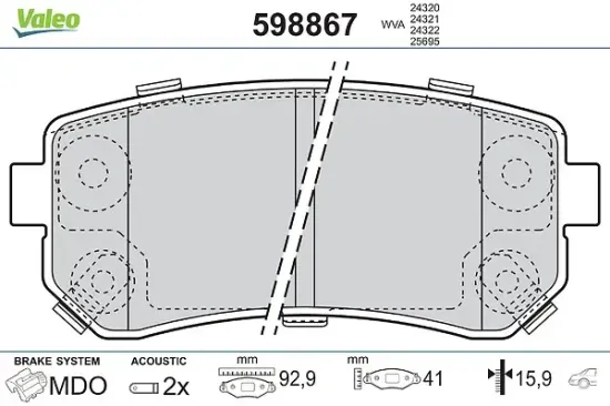 Bremsbelagsatz, Scheibenbremse Hinterachse VALEO 598867 Bild Bremsbelagsatz, Scheibenbremse Hinterachse VALEO 598867