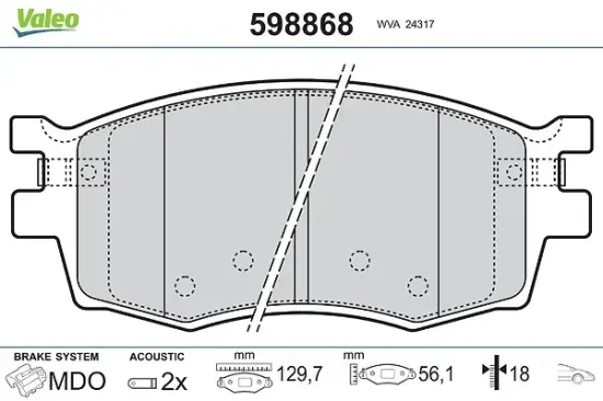 Bremsbelagsatz, Scheibenbremse Vorderachse VALEO 598868 Bild Bremsbelagsatz, Scheibenbremse Vorderachse VALEO 598868
