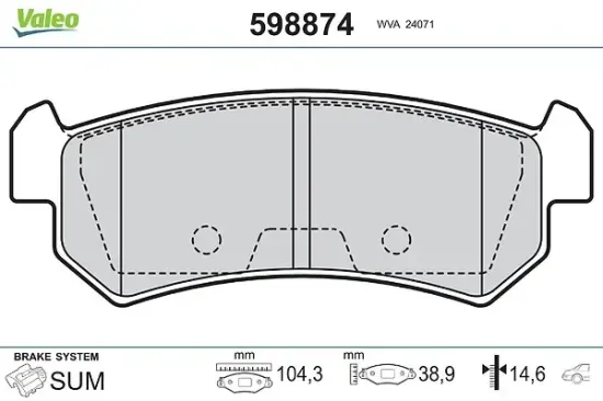Bremsbelagsatz, Scheibenbremse Hinterachse VALEO 598874 Bild Bremsbelagsatz, Scheibenbremse Hinterachse VALEO 598874