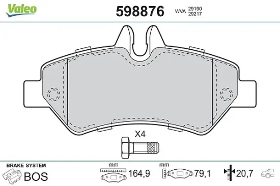 Bremsbelagsatz, Scheibenbremse Hinterachse VALEO 598876 Bild Bremsbelagsatz, Scheibenbremse Hinterachse VALEO 598876