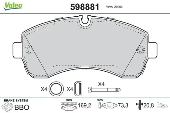 Bremsbelagsatz, Scheibenbremse Vorderachse VALEO 598881 Bild Bremsbelagsatz, Scheibenbremse Vorderachse VALEO 598881