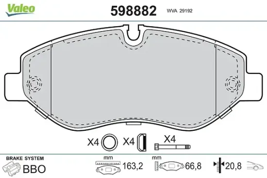 Bremsbelagsatz, Scheibenbremse Vorderachse VALEO 598882 Bild Bremsbelagsatz, Scheibenbremse Vorderachse VALEO 598882