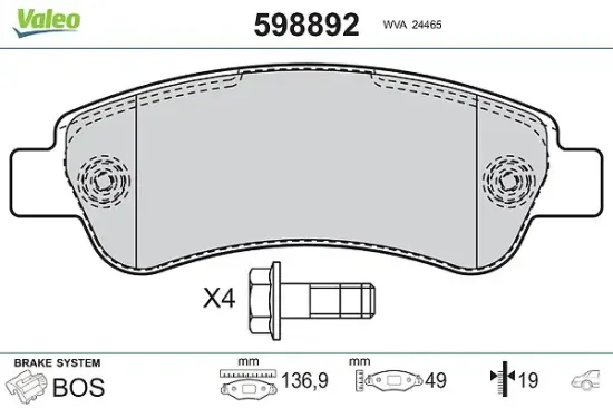 Bremsbelagsatz, Scheibenbremse Hinterachse VALEO 598892 Bild Bremsbelagsatz, Scheibenbremse Hinterachse VALEO 598892
