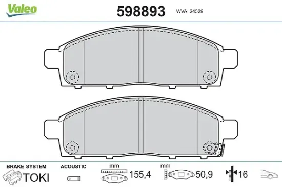 Bremsbelagsatz, Scheibenbremse Vorderachse VALEO 598893 Bild Bremsbelagsatz, Scheibenbremse Vorderachse VALEO 598893
