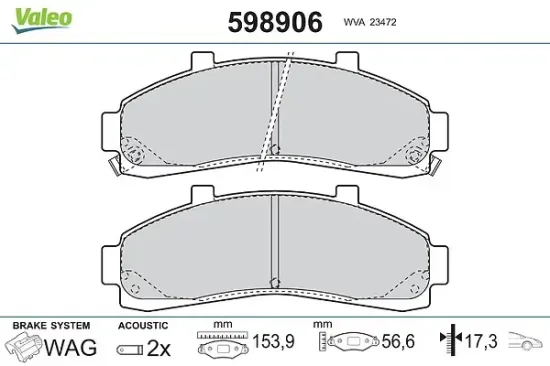 Bremsbelagsatz, Scheibenbremse Vorderachse VALEO 598906 Bild Bremsbelagsatz, Scheibenbremse Vorderachse VALEO 598906