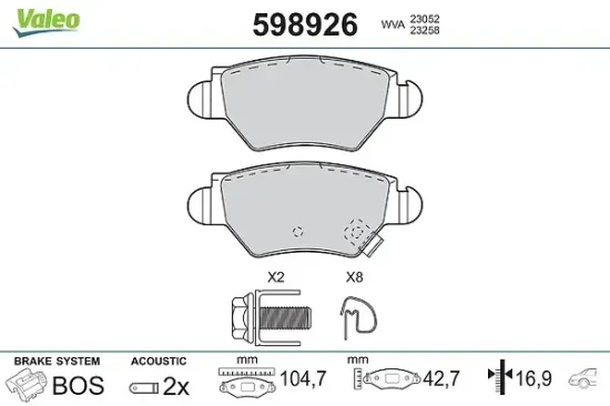 Bremsbelagsatz, Scheibenbremse Hinterachse VALEO 598926 Bild Bremsbelagsatz, Scheibenbremse Hinterachse VALEO 598926
