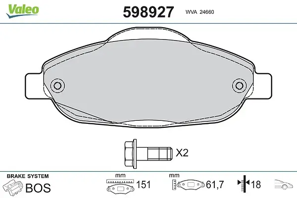 Bremsbelagsatz, Scheibenbremse Vorderachse VALEO 598927