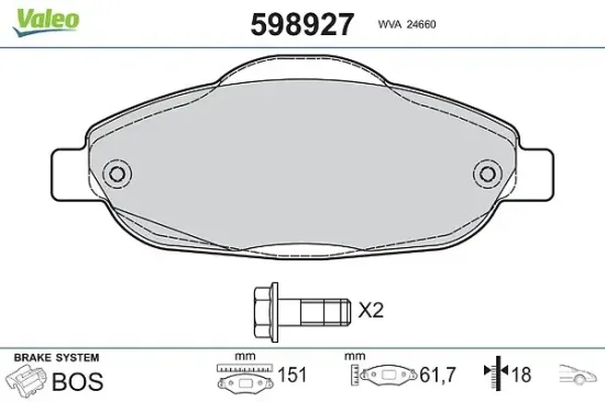 Bremsbelagsatz, Scheibenbremse Vorderachse VALEO 598927 Bild Bremsbelagsatz, Scheibenbremse Vorderachse VALEO 598927