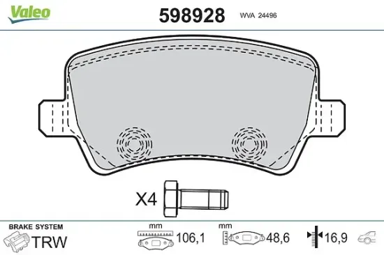 Bremsbelagsatz, Scheibenbremse Hinterachse VALEO 598928 Bild Bremsbelagsatz, Scheibenbremse Hinterachse VALEO 598928