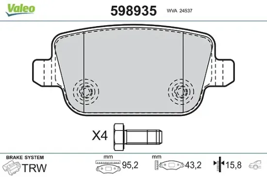 Bremsbelagsatz, Scheibenbremse Hinterachse VALEO 598935 Bild Bremsbelagsatz, Scheibenbremse Hinterachse VALEO 598935