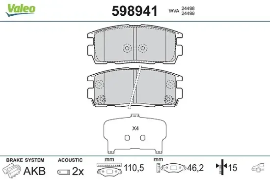 Bremsbelagsatz, Scheibenbremse Hinterachse VALEO 598941 Bild Bremsbelagsatz, Scheibenbremse Hinterachse VALEO 598941