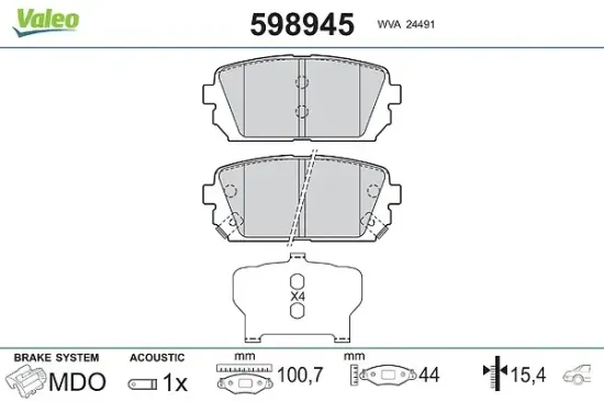Bremsbelagsatz, Scheibenbremse Hinterachse VALEO 598945 Bild Bremsbelagsatz, Scheibenbremse Hinterachse VALEO 598945