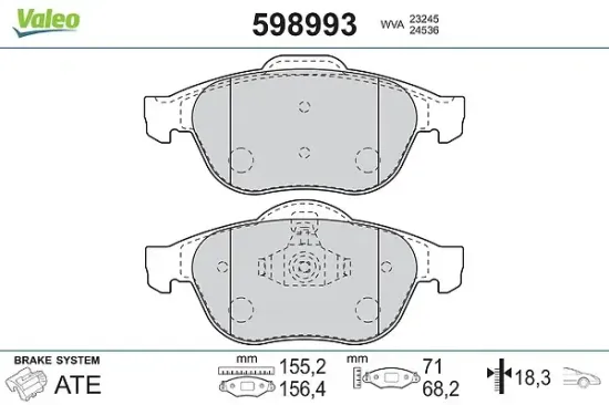 Bremsbelagsatz, Scheibenbremse Vorderachse VALEO 598993 Bild Bremsbelagsatz, Scheibenbremse Vorderachse VALEO 598993