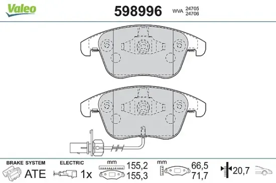 Bremsbelagsatz, Scheibenbremse Vorderachse VALEO 598996 Bild Bremsbelagsatz, Scheibenbremse Vorderachse VALEO 598996