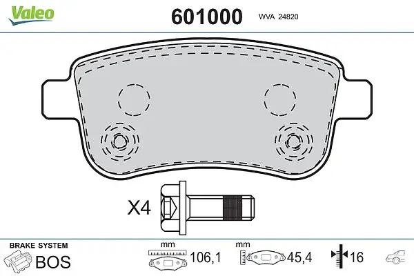 Bremsbelagsatz, Scheibenbremse Hinterachse VALEO 601000