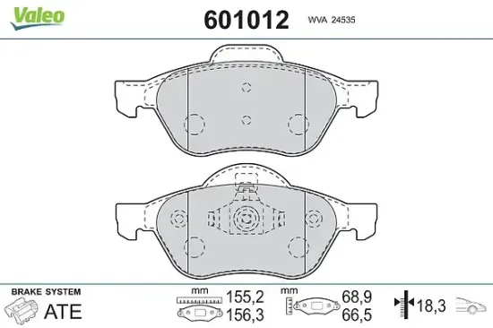 Bremsbelagsatz, Scheibenbremse Vorderachse VALEO 601012 Bild Bremsbelagsatz, Scheibenbremse Vorderachse VALEO 601012
