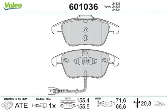 Bremsbelagsatz, Scheibenbremse Vorderachse VALEO 601036 Bild Bremsbelagsatz, Scheibenbremse Vorderachse VALEO 601036