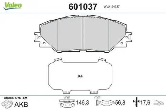 Bremsbelagsatz, Scheibenbremse Vorderachse VALEO 601037 Bild Bremsbelagsatz, Scheibenbremse Vorderachse VALEO 601037