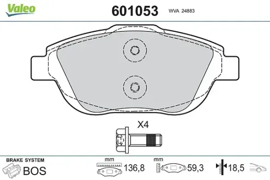 Bremsbelagsatz, Scheibenbremse Vorderachse VALEO 601053 Bild Bremsbelagsatz, Scheibenbremse Vorderachse VALEO 601053