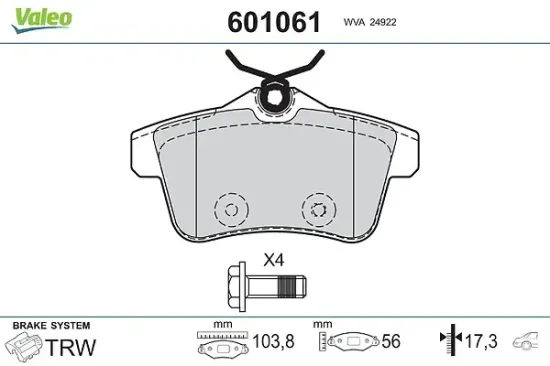 Bremsbelagsatz, Scheibenbremse Hinterachse VALEO 601061 Bild Bremsbelagsatz, Scheibenbremse Hinterachse VALEO 601061
