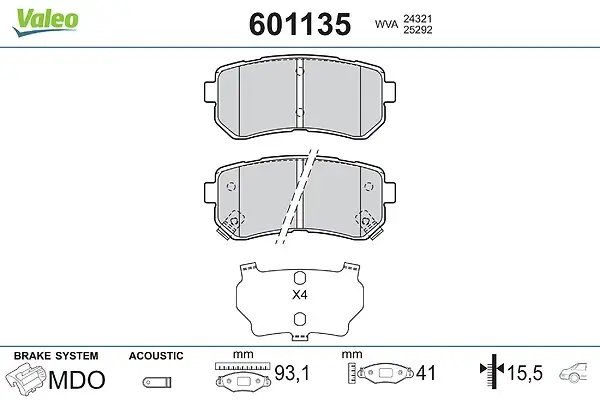 Bremsbelagsatz, Scheibenbremse Hinterachse VALEO 601135