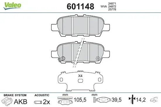 Bremsbelagsatz, Scheibenbremse Hinterachse VALEO 601148 Bild Bremsbelagsatz, Scheibenbremse Hinterachse VALEO 601148