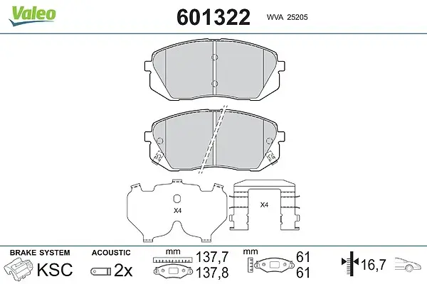 Bremsbelagsatz, Scheibenbremse Vorderachse VALEO 601322