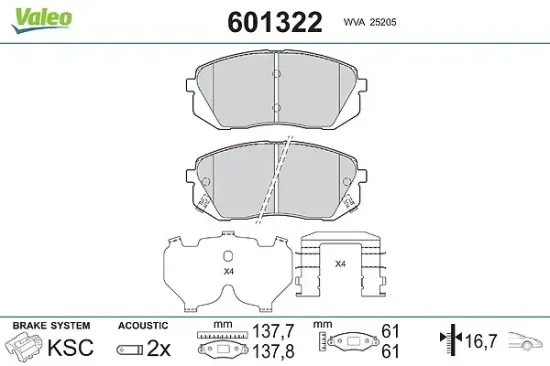 Bremsbelagsatz, Scheibenbremse Vorderachse VALEO 601322 Bild Bremsbelagsatz, Scheibenbremse Vorderachse VALEO 601322