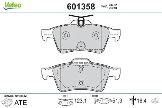Bremsbelagsatz, Scheibenbremse Hinterachse VALEO 601358 Bild Bremsbelagsatz, Scheibenbremse Hinterachse VALEO 601358