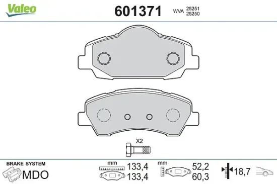Bremsbelagsatz, Scheibenbremse Vorderachse VALEO 601371 Bild Bremsbelagsatz, Scheibenbremse Vorderachse VALEO 601371