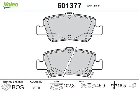 Bremsbelagsatz, Scheibenbremse Hinterachse VALEO 601377 Bild Bremsbelagsatz, Scheibenbremse Hinterachse VALEO 601377