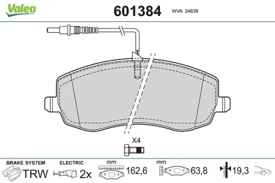 Bremsbelagsatz, Scheibenbremse Vorderachse VALEO 601384 Bild Bremsbelagsatz, Scheibenbremse Vorderachse VALEO 601384