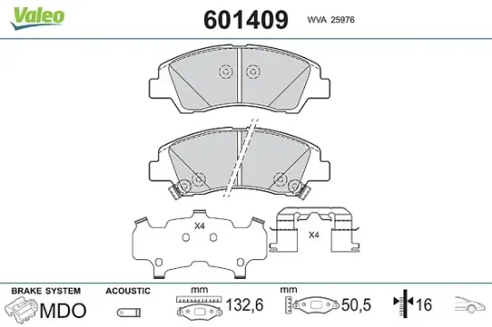 Bremsbelagsatz, Scheibenbremse Vorderachse VALEO 601409 Bild Bremsbelagsatz, Scheibenbremse Vorderachse VALEO 601409