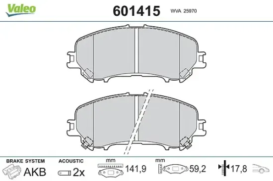 Bremsbelagsatz, Scheibenbremse Vorderachse VALEO 601415 Bild Bremsbelagsatz, Scheibenbremse Vorderachse VALEO 601415