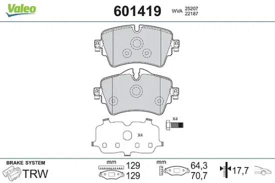 Bremsbelagsatz, Scheibenbremse Vorderachse VALEO 601419 Bild Bremsbelagsatz, Scheibenbremse Vorderachse VALEO 601419