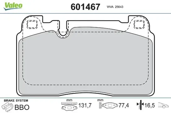 Bremsbelagsatz, Scheibenbremse Vorderachse VALEO 601467 Bild Bremsbelagsatz, Scheibenbremse Vorderachse VALEO 601467