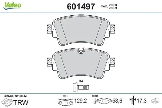 Bremsbelagsatz, Scheibenbremse Hinterachse VALEO 601497 Bild Bremsbelagsatz, Scheibenbremse Hinterachse VALEO 601497